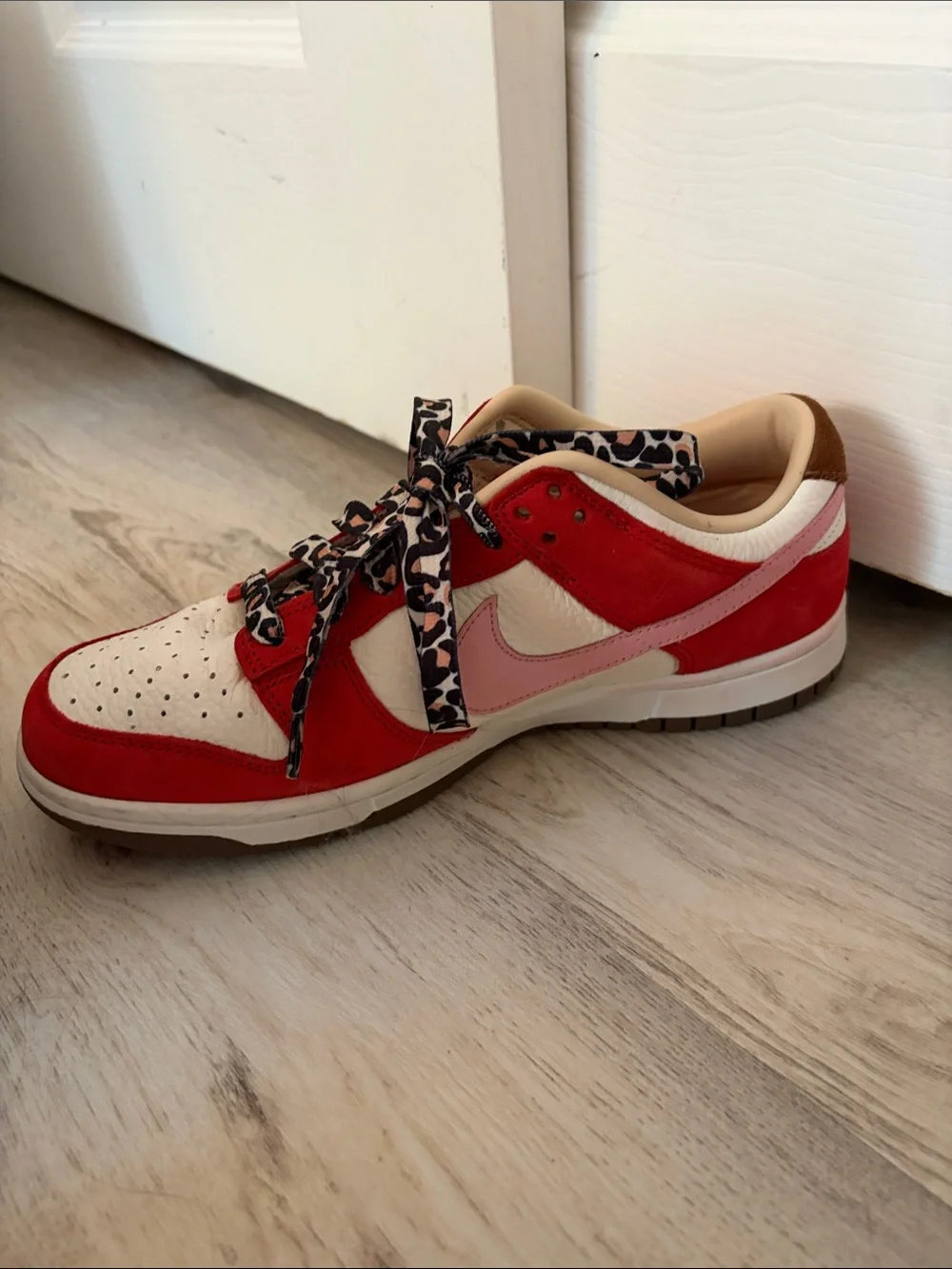 Nike Red, White and Pink Low-Top Sneakers with Leopard Laces